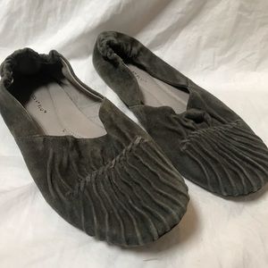 Chocolat Blu CAM2 slip on flats. Dark olive green suede. Size 8.